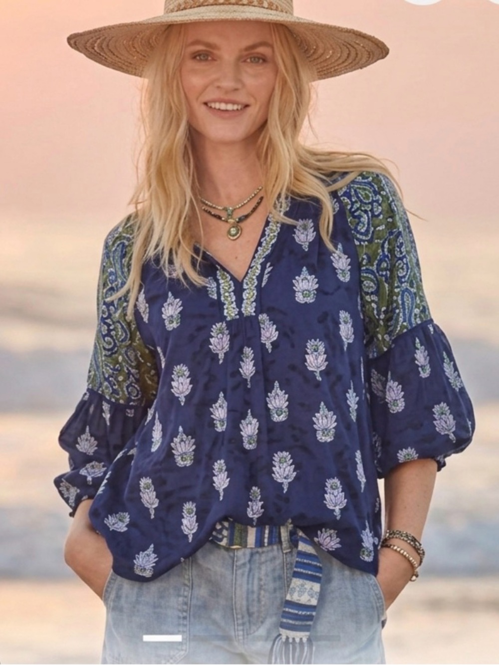 Sundance Lost In Time Blouse Large Peasant Blue Floral Boho Coastal Cottage Top